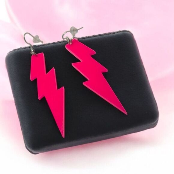 Neon Pink Lightning Bolt Earrings Blacklight Glow Party Glowwave 80s Retro Dark - Picture 2 of 7